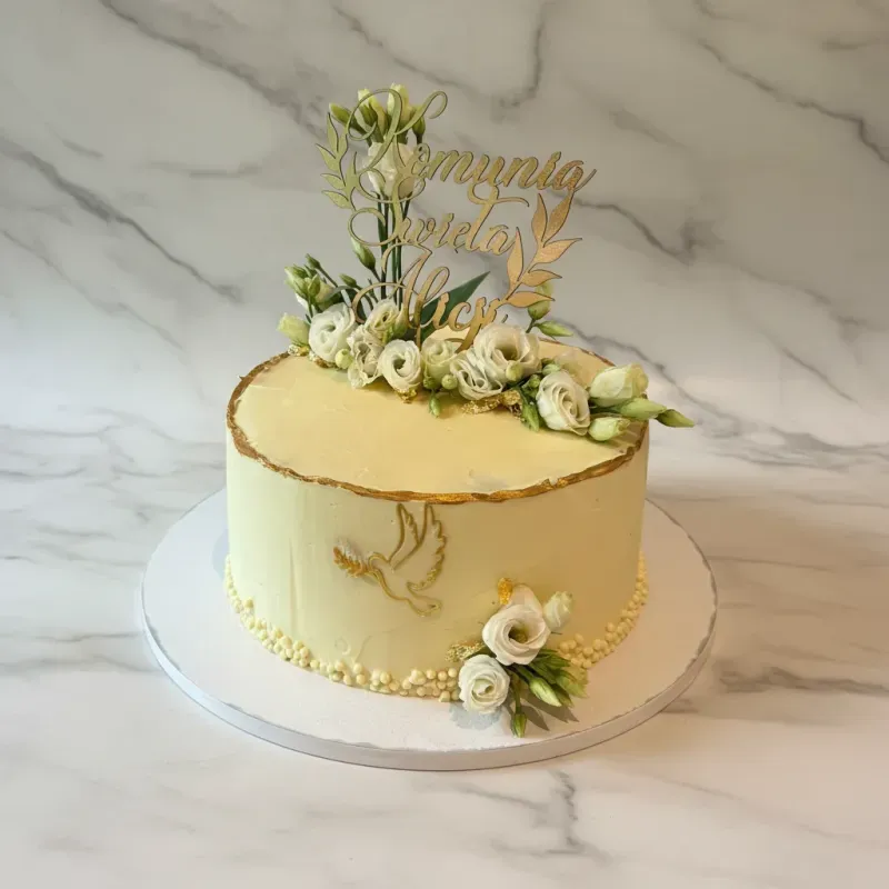 Elegancki tort weselny ecru z dekoracją kwiatową - Pracownia Cukiernicza Marcina Kani, Lublin